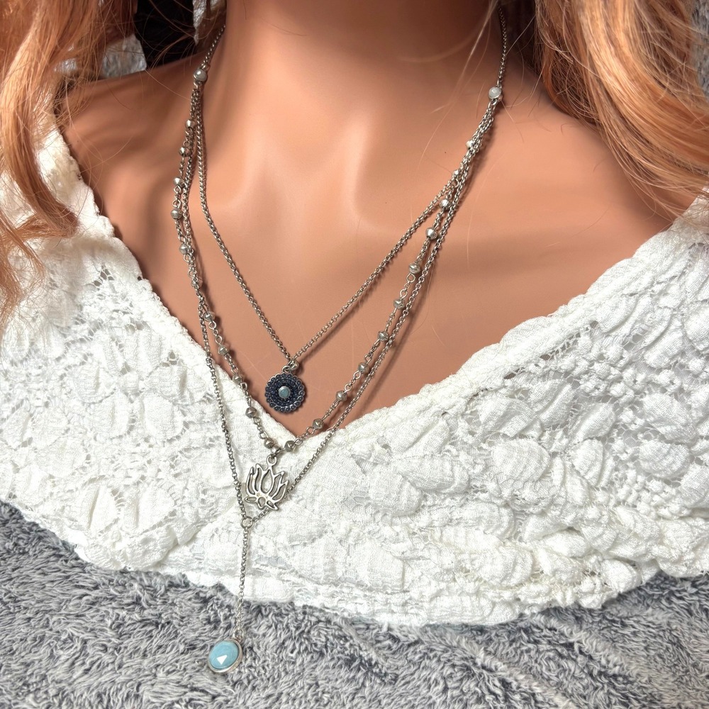 Lucky Brand Necklace Layered Lotus Evil Eye Silver Tone Boho Spiritual 21776